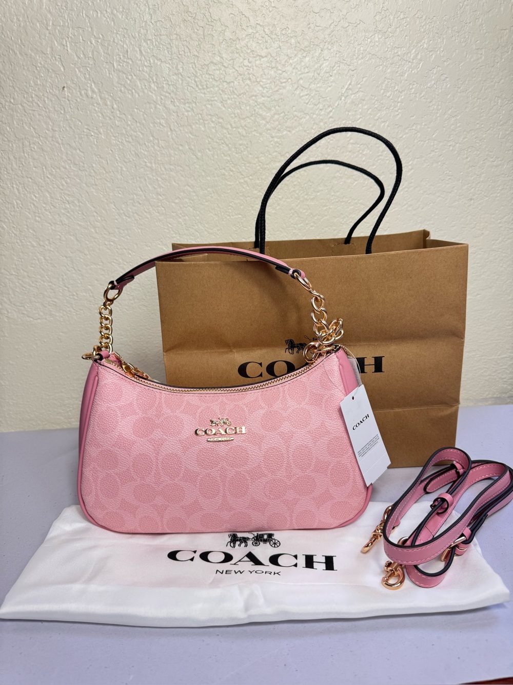Coach Small Pink Signature Shoulder Bag with Gold Chain Strap